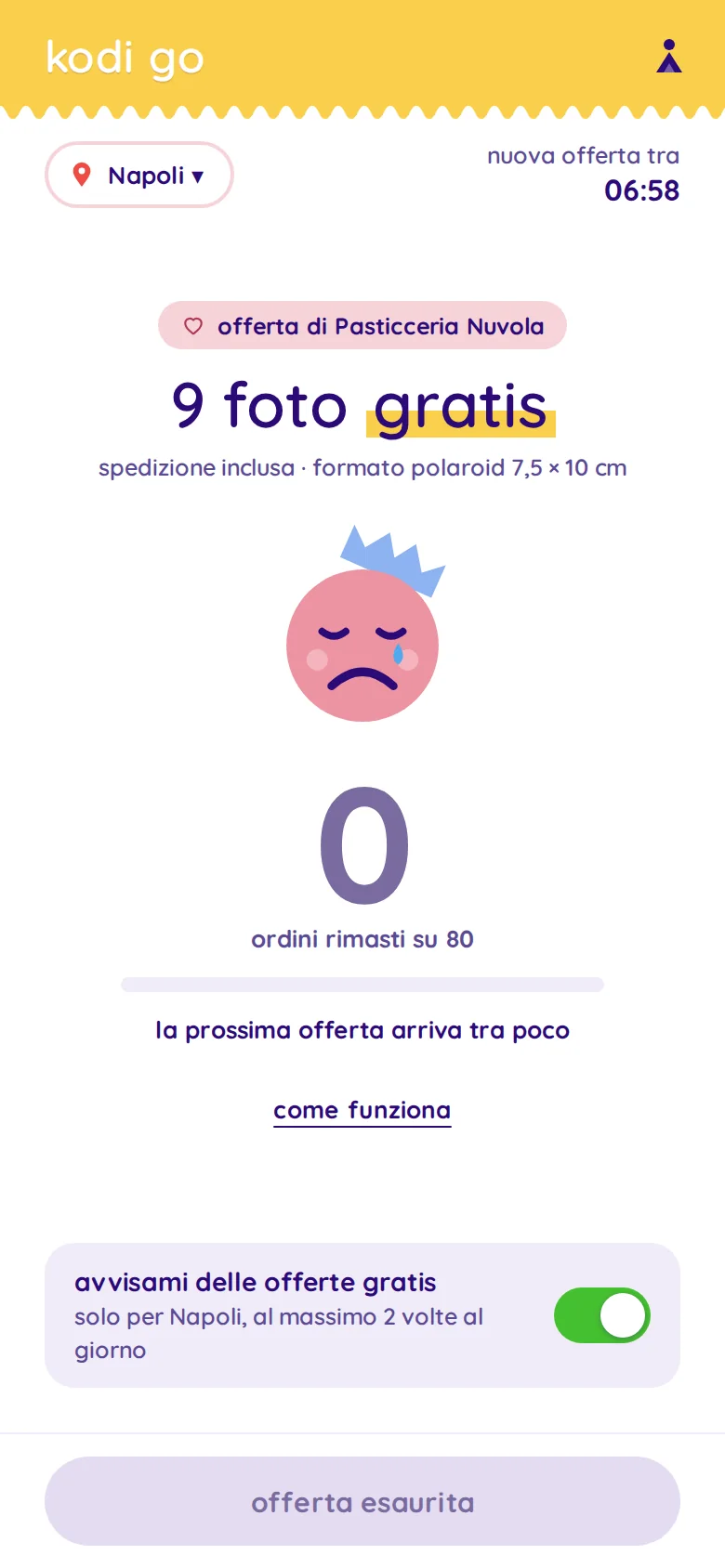 contatore a zero con faccina triste e bottone disattivato