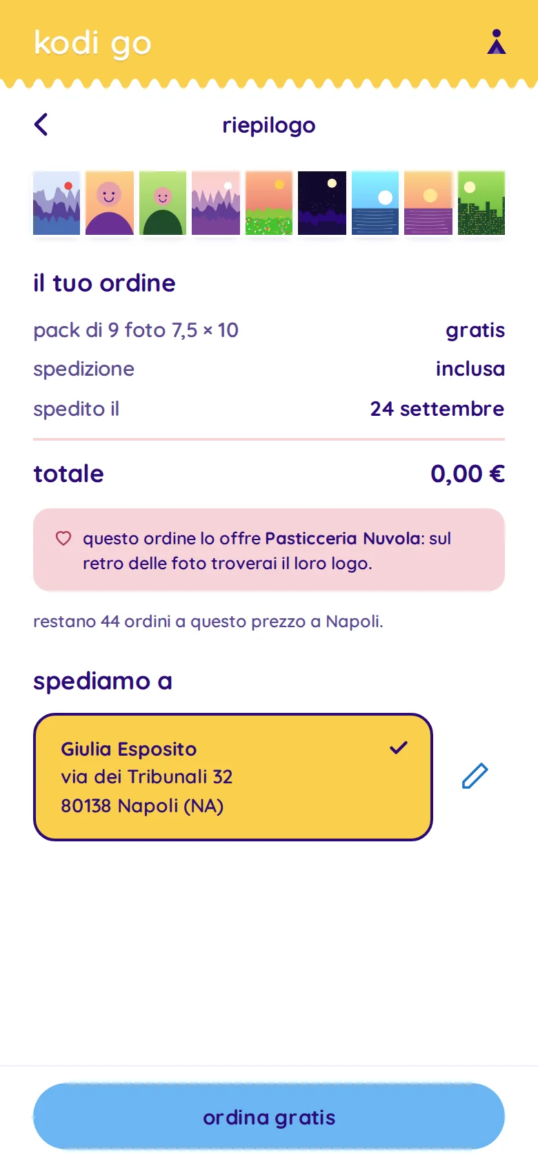 riepilogo con prezzo gratis e indirizzo